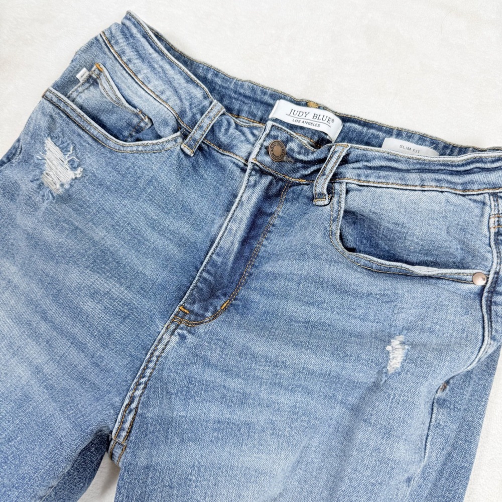 Judy Blue Slim Fit Distressed Ripped Knee High Rise Jean JB88372 Blue Size 11/30
